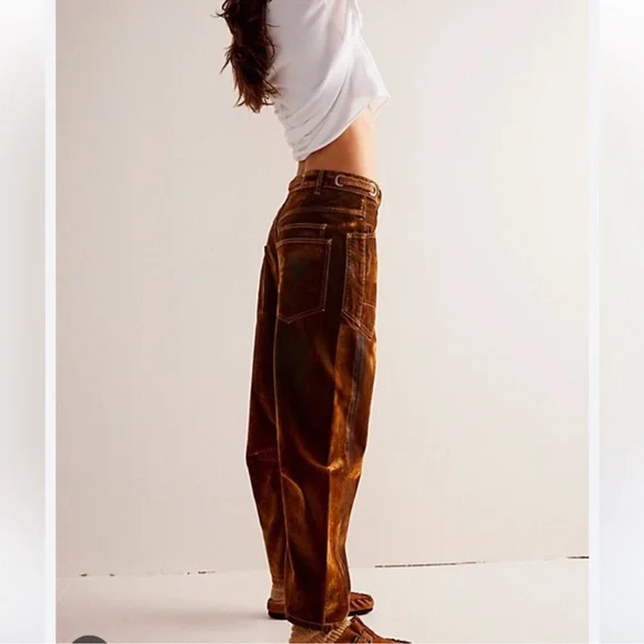 We The Free by FREE PEOPLE: “Moxie Flocked” Low Slung Barrel Jeans in RUST…NWT - Picture 3 of 12